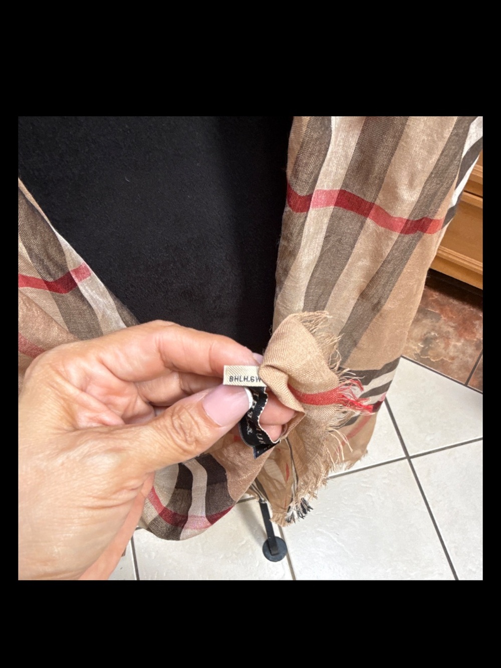 Burberry Tan Plaid Scarf with Black, White & Red Stripes - Picture 6 of 10